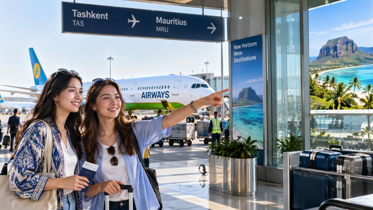Commercial airliner overflying tropical coastline of Mauritius with Tashkent transit connection notice