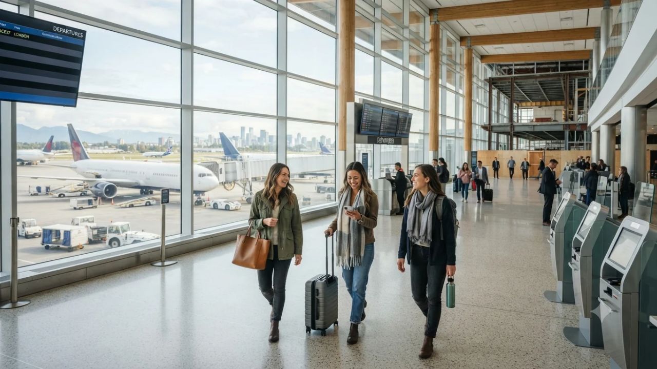 Modern Canadian airport terminal interior with aircraft on the tarmac and passengers moving through gates