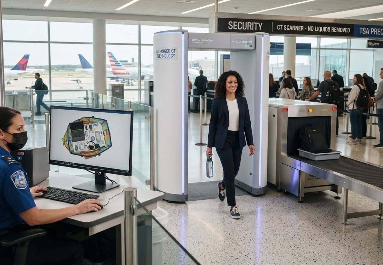 Advanced TSA CT scanner at a US airport security checkpoint