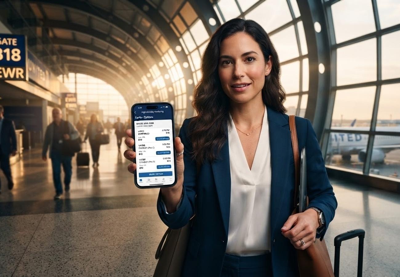 United Airlines mobile app interface showing flight disruption management