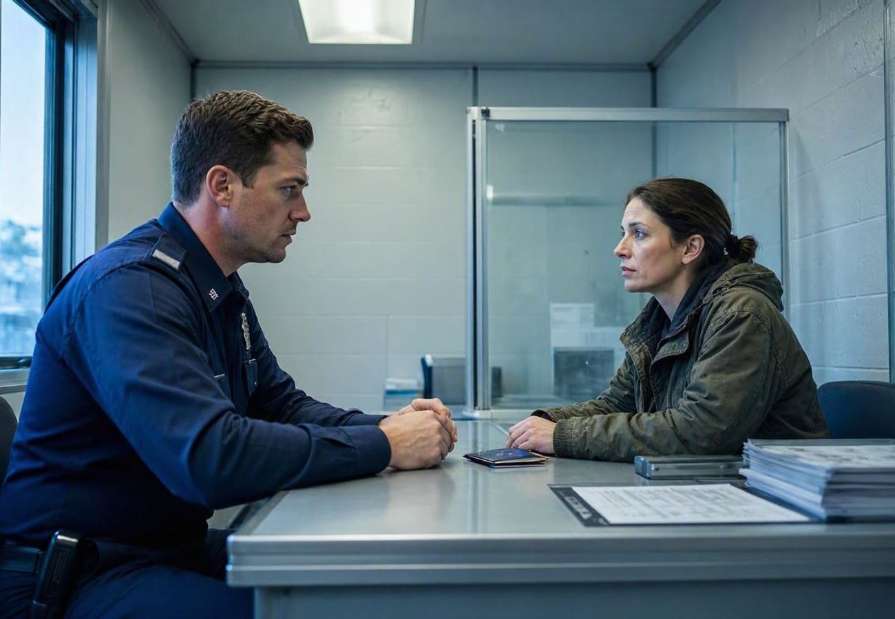 A US Customs and Border Protection officer reviewing travel documents at a port of entry