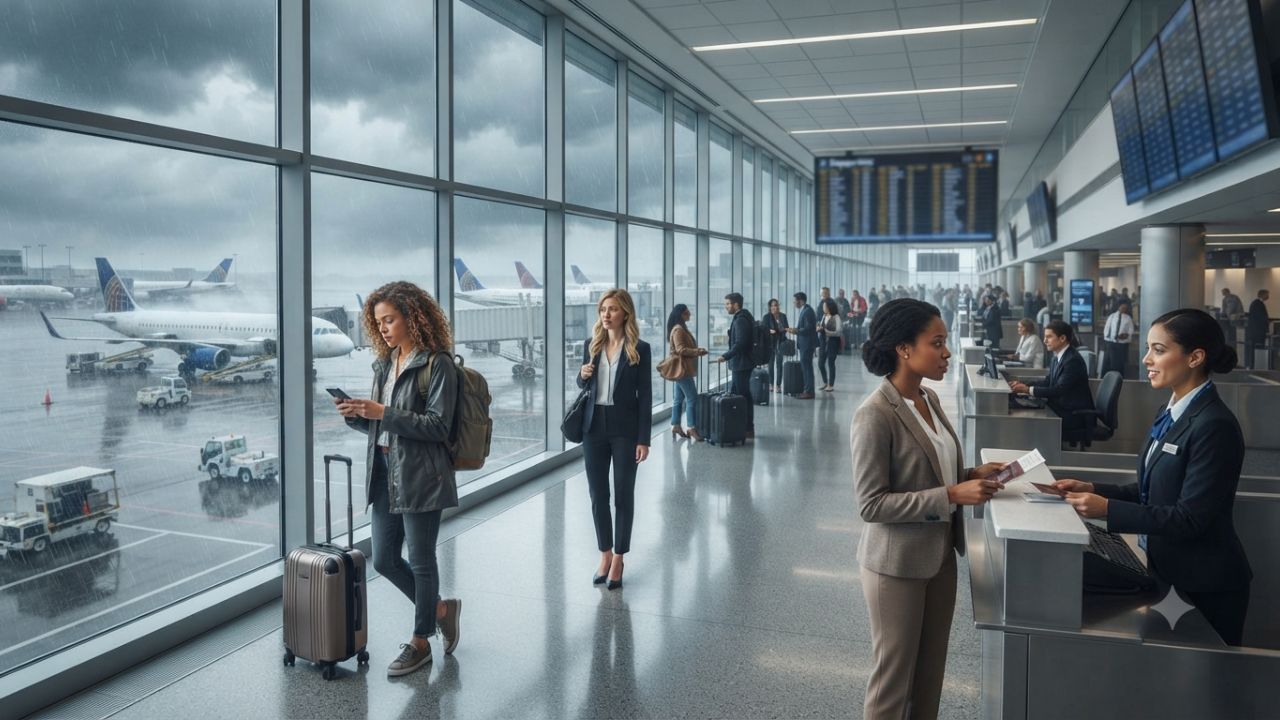 Commercial passenger aircraft parked at Boston Logan airport during severe weather flight delays