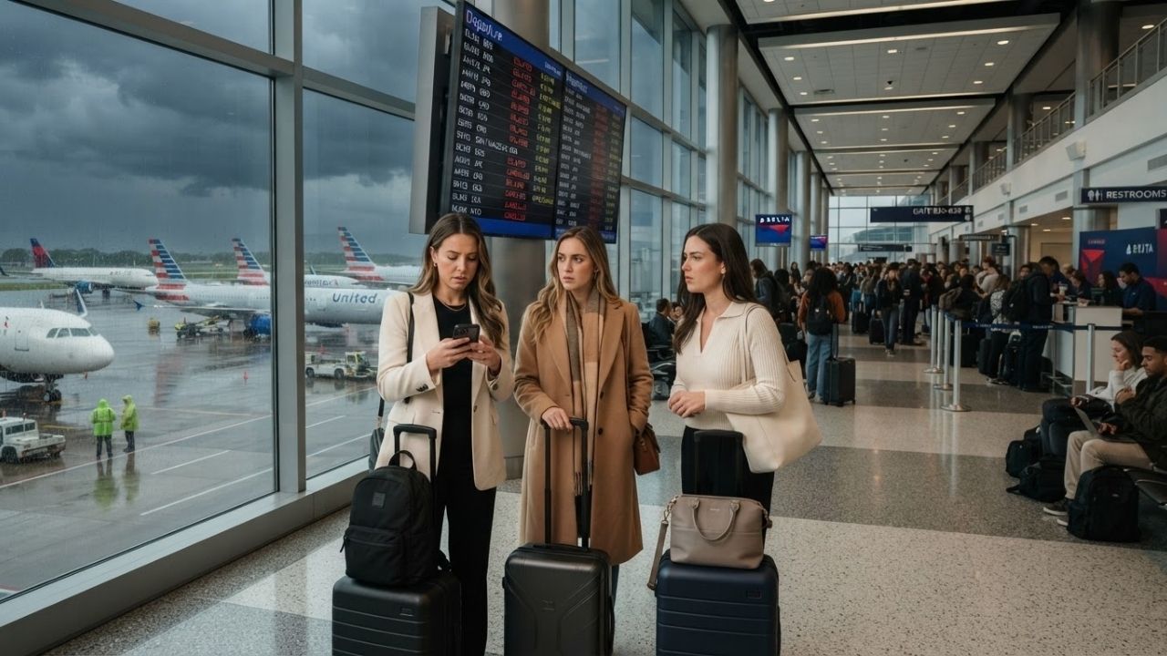 Commercial jetliner landing in overcast rainy weather at major US airport