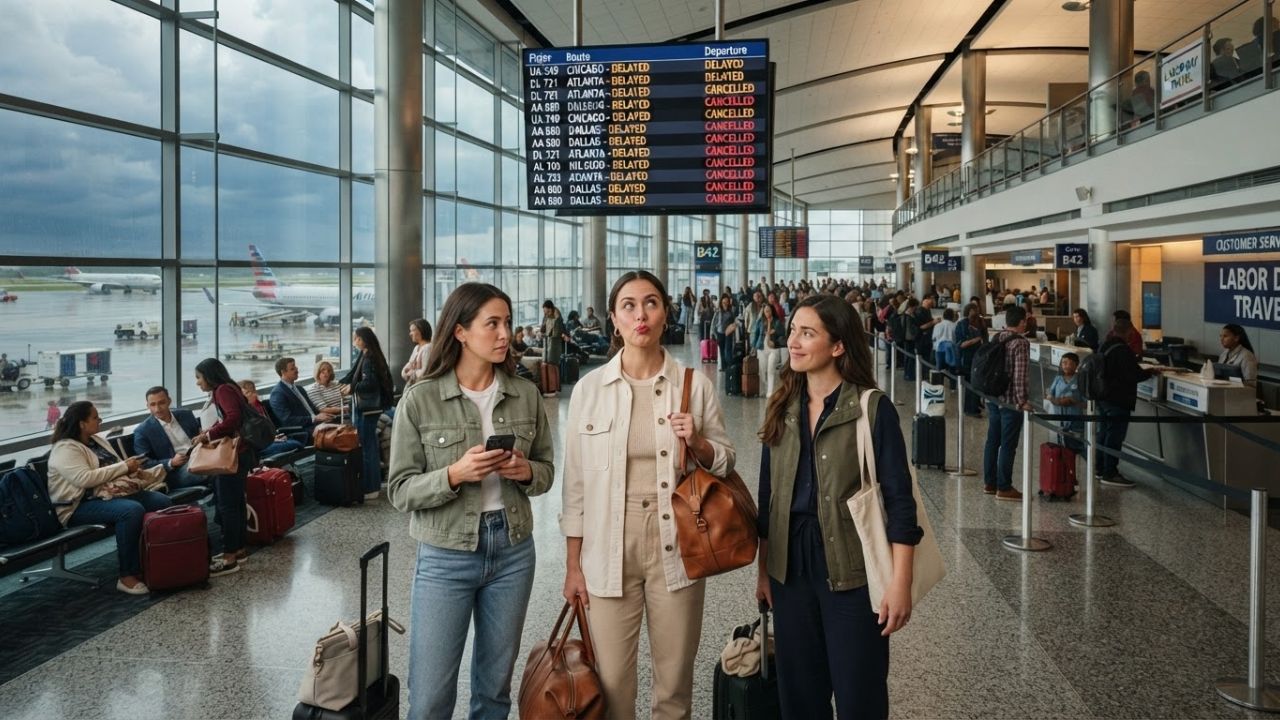 U.S. holiday travel crowds at airport terminal departure gates during Labor Day rush