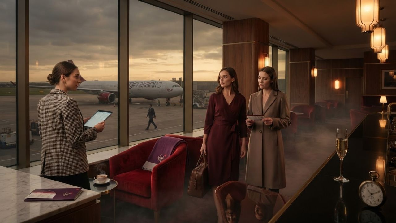 Virgin Atlantic aircraft at airport terminal gate with executive corporate headquarters backdrop