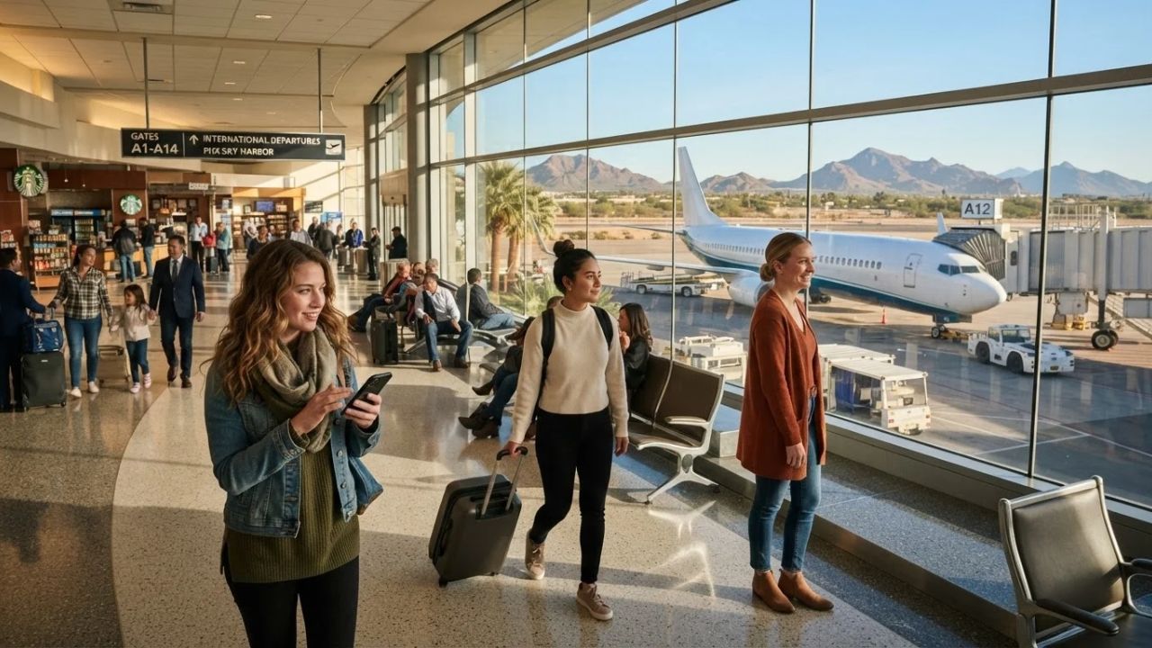 Commercial airliner approaching Phoenix Sky Harbor Airport over saguaro cacti and desert mountain peaks