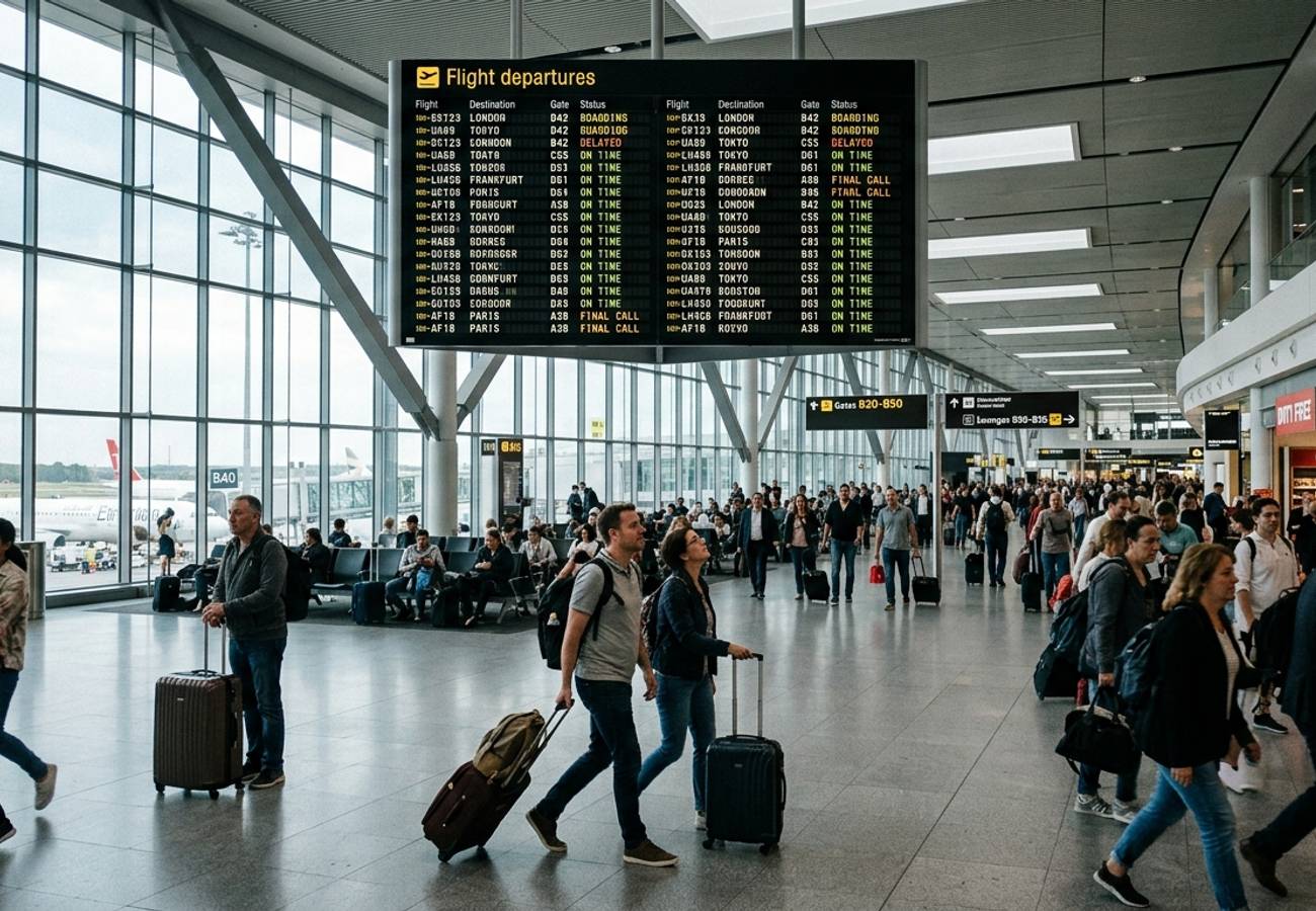 Flight departure board showing delays and cancellations at an international airport terminal