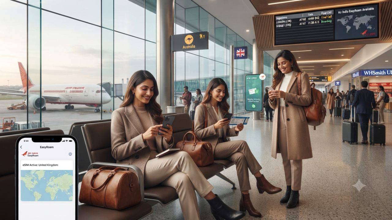 Passenger holding smartphone displaying eSIM activation representing Air India EasyRoam service
