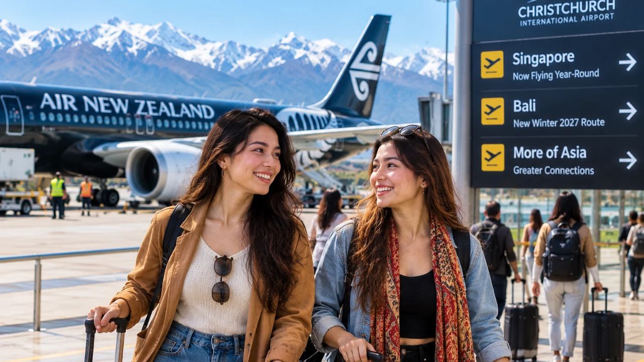 Air New Zealand Boeing 787-9 Dreamliner on the runway against the Southern Alps near Christchurch