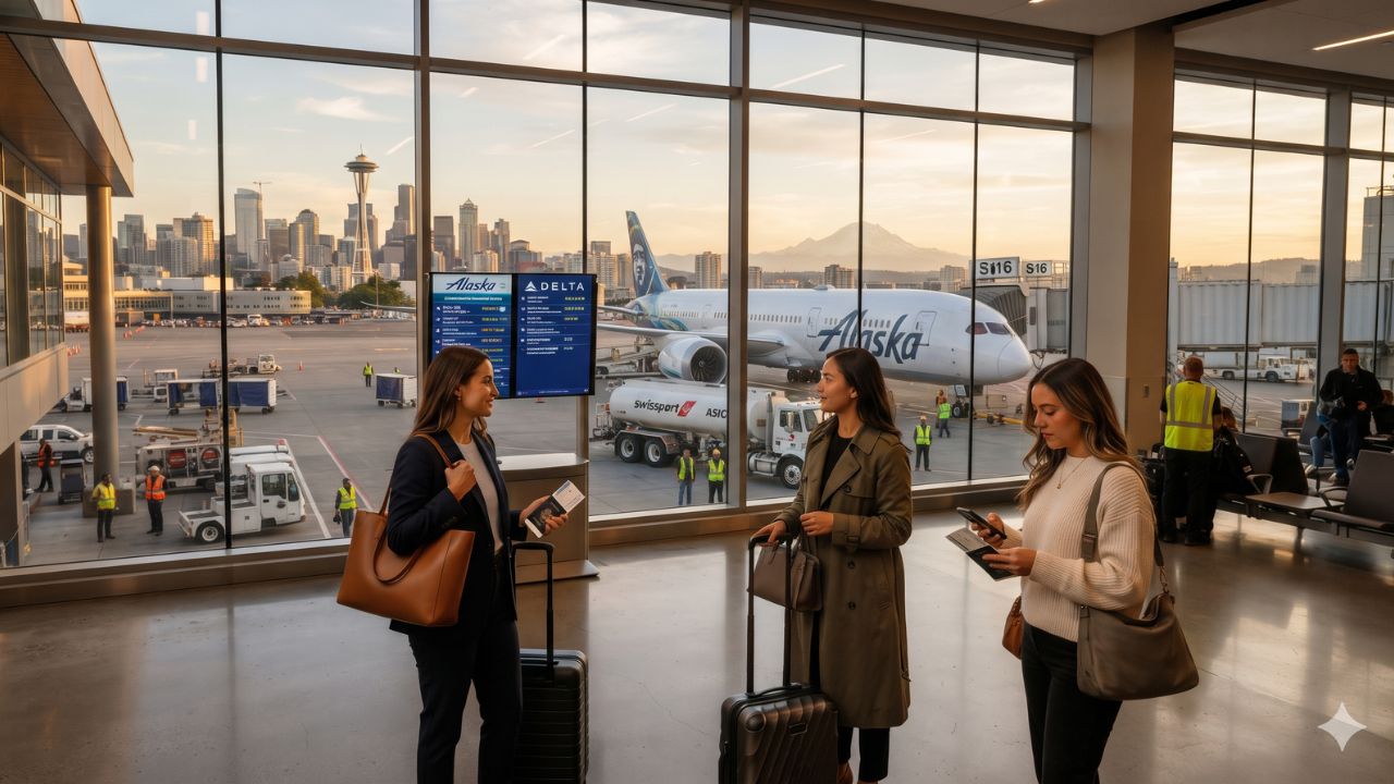 Alaska Airlines passenger jet parked at gate at Seattle-Tacoma International Airport with Mount Rainier in background