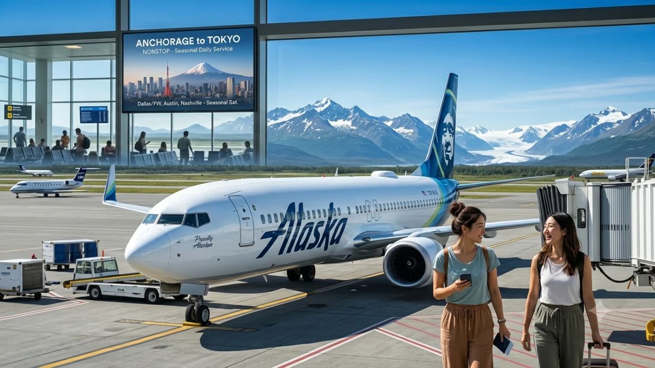 Alaska Airlines Boeing 737 passenger aircraft preparing for departure on the tarmac against scenic mountain backdrops