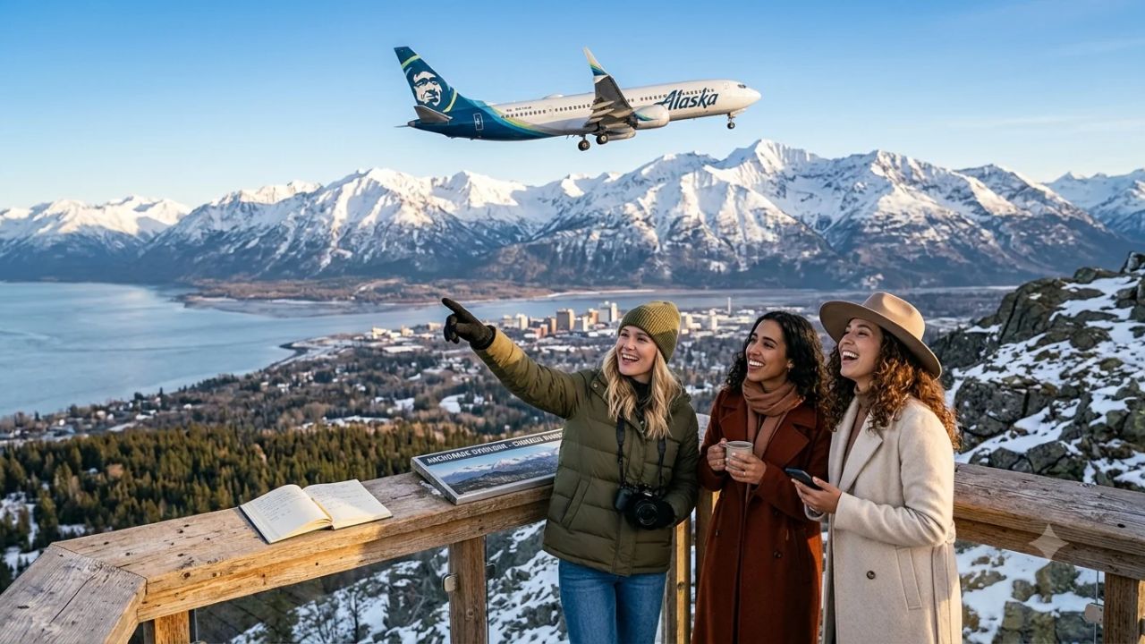 Alaska Airlines Boeing 737 MAX 8 aircraft flying smoothly above snow-capped Alaskan mountain peaks under a clear blue sky