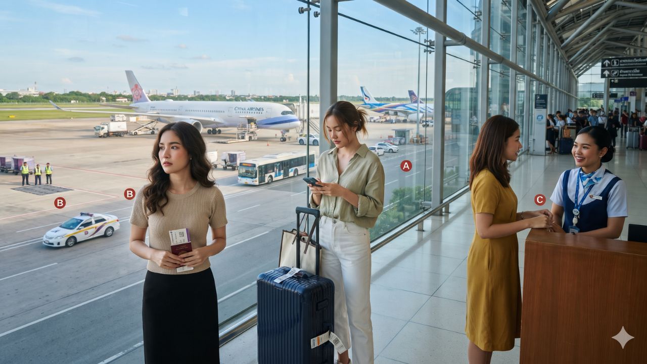 Commercial airliners parked at Bangkok Suvarnabhumi Airport terminal gates against the control tower