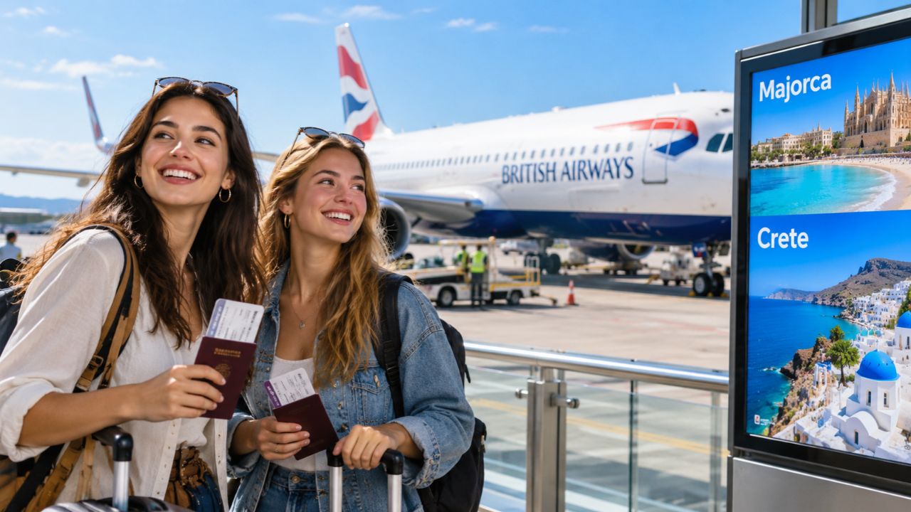 British Airways Airbus aircraft parked at London Heathrow airport terminal gate in bright sunlight