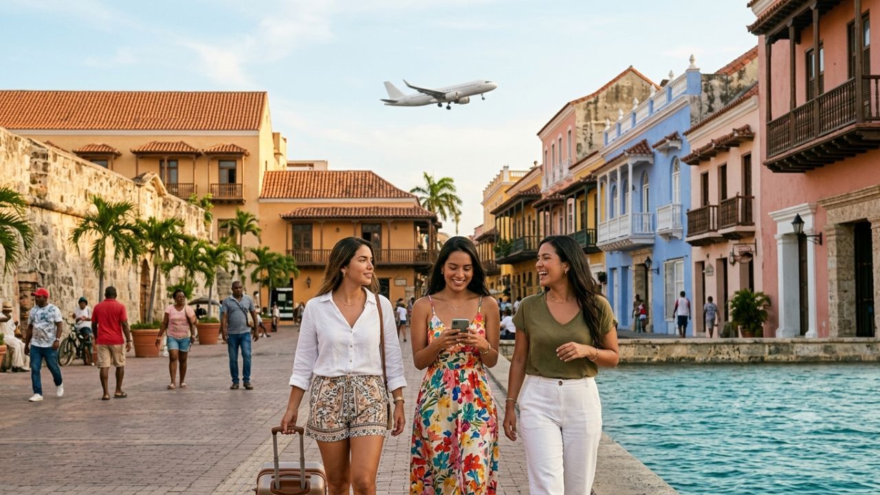 Commercial aircraft approaching runway with the skyline of Cartagena Colombia in the background