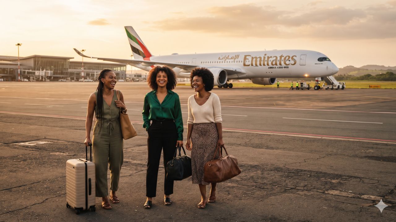 Emirates Airbus A350 passenger airliner on airport tarmac under clear African skies