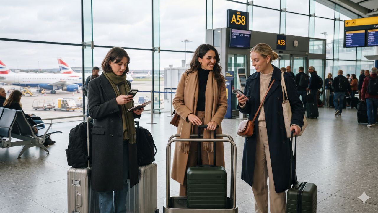 Passengers boarding commercial aircraft at European airport gate with carry-on trolley suitcases