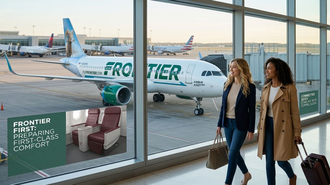 Frontier Airlines Airbus A320neo aircraft climbing into clear skies representing the airline's premium cabin and in-flight Wi-Fi fleet transformation