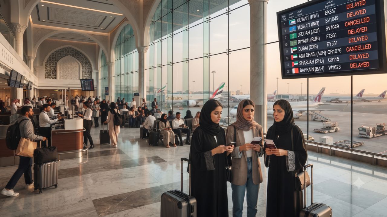 Commercial airliners parked at modern Gulf airport terminal boarding gates