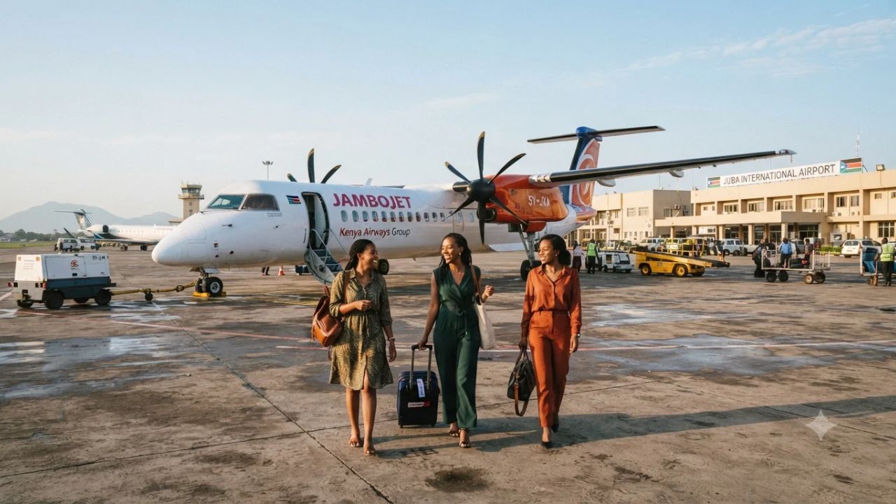 Jambojet De Havilland Dash 8-400 turboprop airliner at Nairobi Jomo Kenyatta International Airport preparing for regional passenger operations