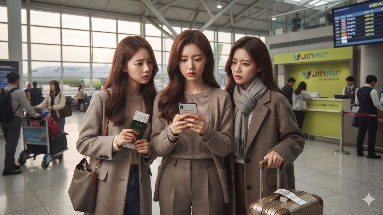 Passenger using smartphone check-in application inside modern airport terminal concourse