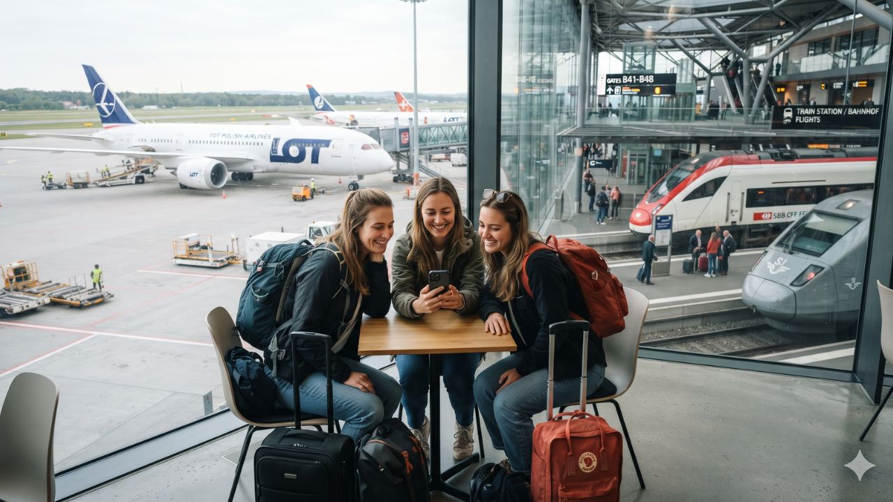 LOT Polish Airlines aircraft and high-speed passenger train at modern European transport hub