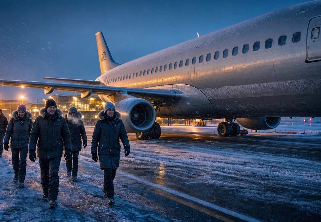 Lufthansa aircraft preparing for takeoff during winter season
