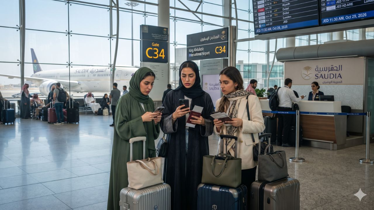 Modern airport terminal interior with departure displays in the Middle East