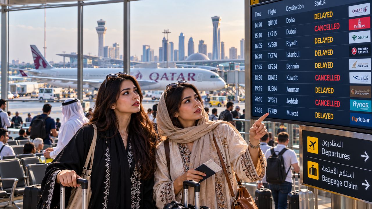 Commercial airplanes on the taxiway at a modern Middle Eastern international airport terminal under desert skies