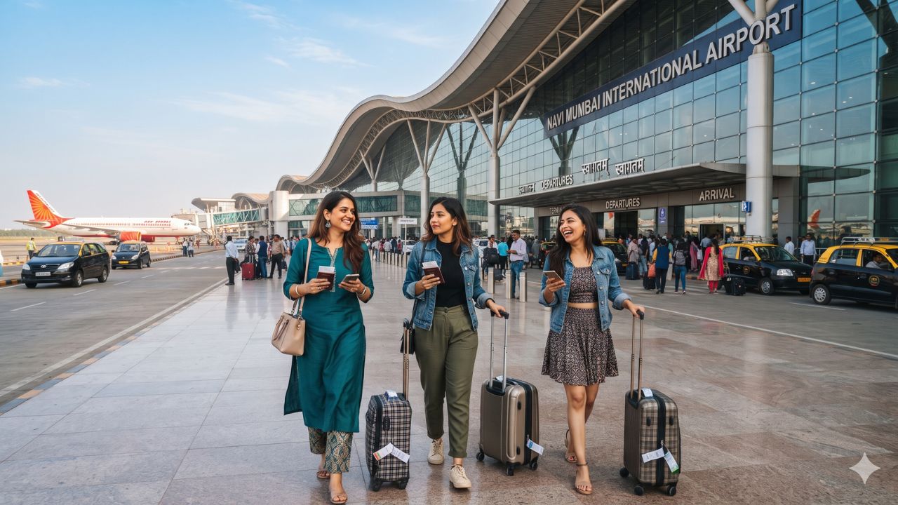 Modern terminal exterior and runway infrastructure at Navi Mumbai International Airport