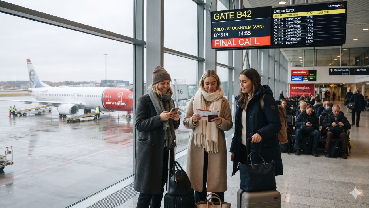 Norwegian red-nosed Boeing aircraft parked at a snow-covered Scandinavian airport gate