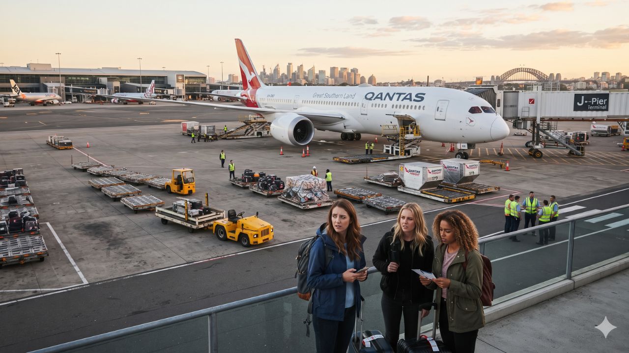 Qantas aircraft lined up at airport terminal gates with baggage handling equipment on tarmac in Australia