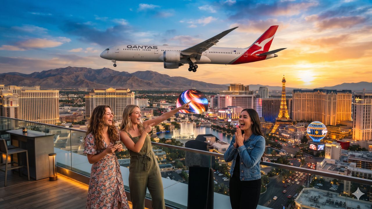 Qantas Boeing aircraft flying across the Pacific toward neon lights of the Las Vegas Strip