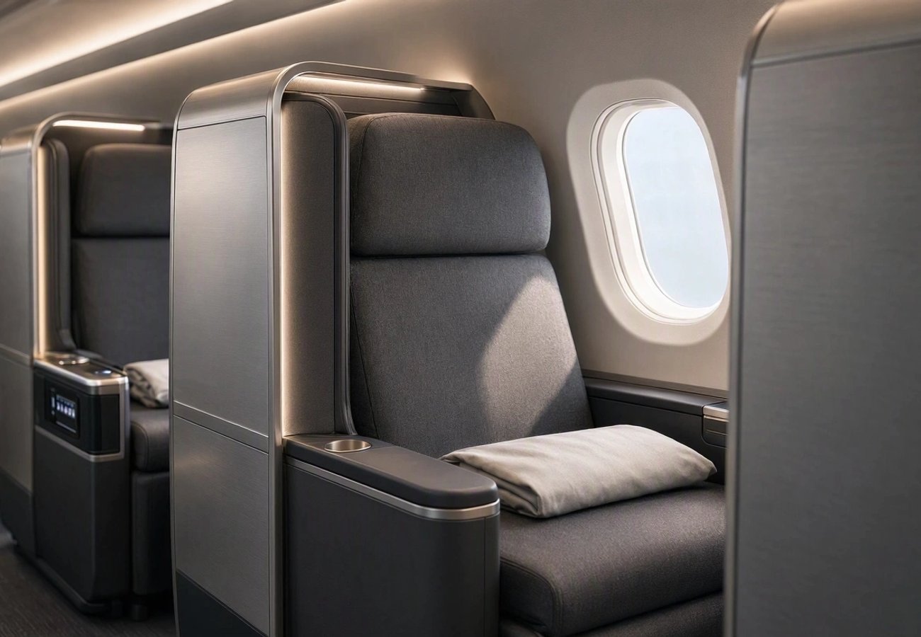 Interior view of a luxury narrowbody business class suite with privacy doors
