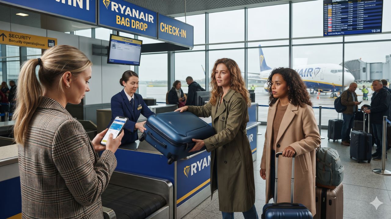 Passengers queuing at self-service airline baggage drop kiosks in a European airport terminal