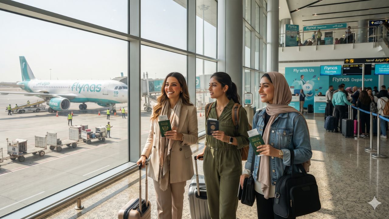 Flynas Airbus aircraft at terminal gate under desert sun at King Fahd International Airport Dammam