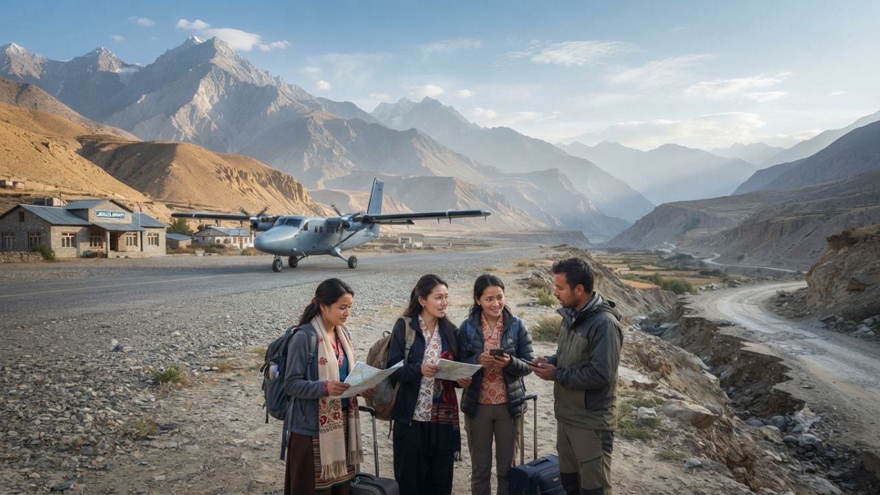 STOL aircraft on mountain runway at Jomsom Airport in Mustang district Nepal