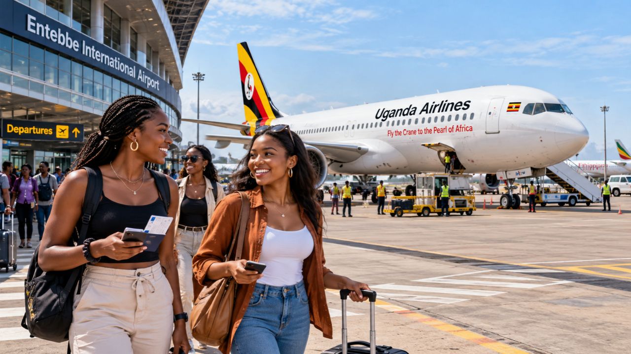 Twin-engine commercial jet on scenic runway with lush African landscape and mountains in Uganda