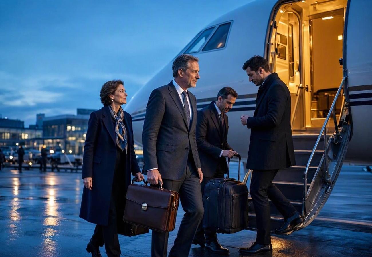 Corporate delegates boarding a private charter aircraft for a business event