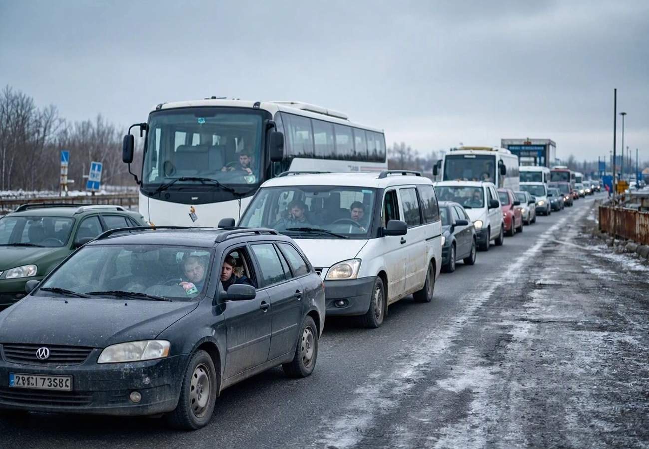 Aerial view of a land border crossing between Ukraine and Poland