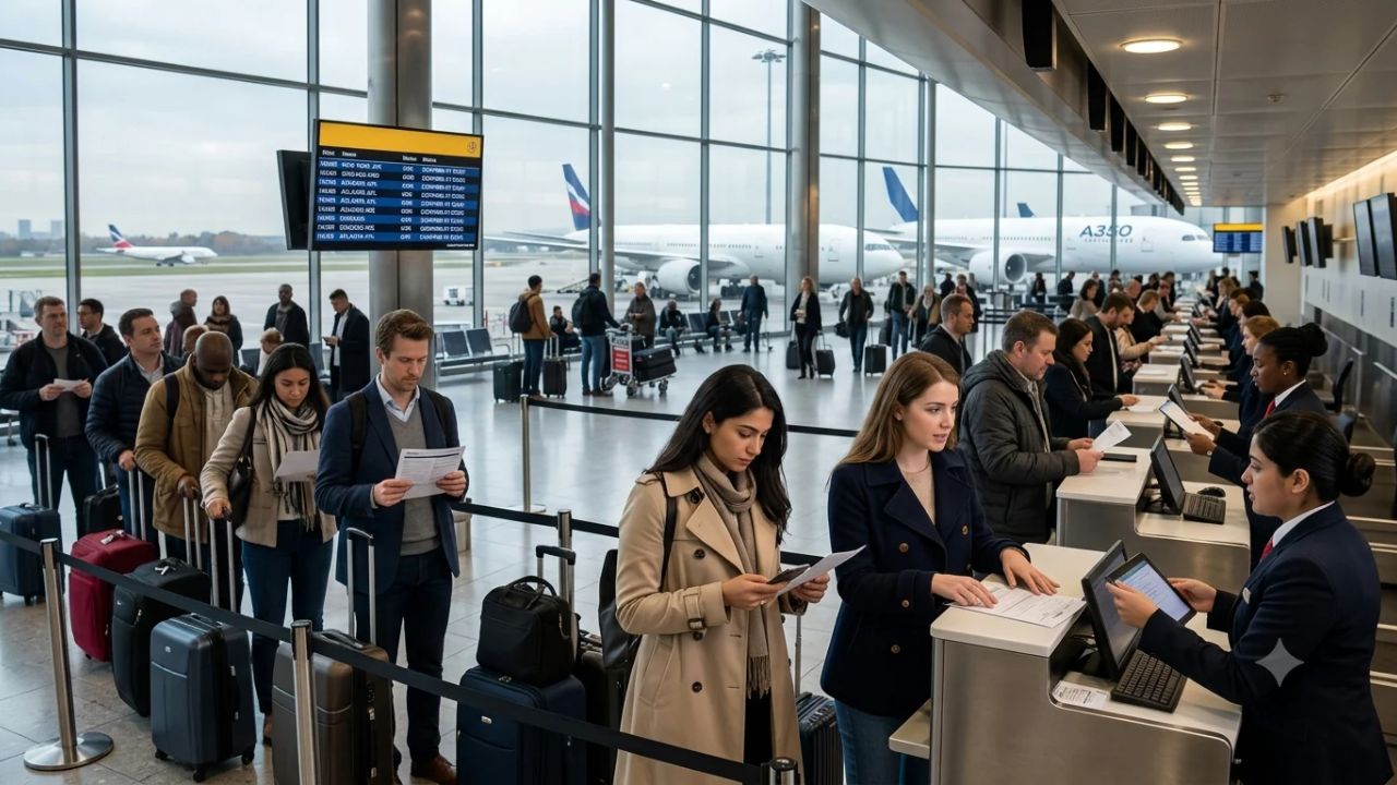 Commercial airliner at an international airport terminal gate with passengers queuing during departure document checks