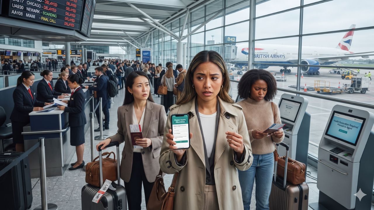 Crowds of international travelers queuing at airport check-in desks and departure gates before widebody flight boarding