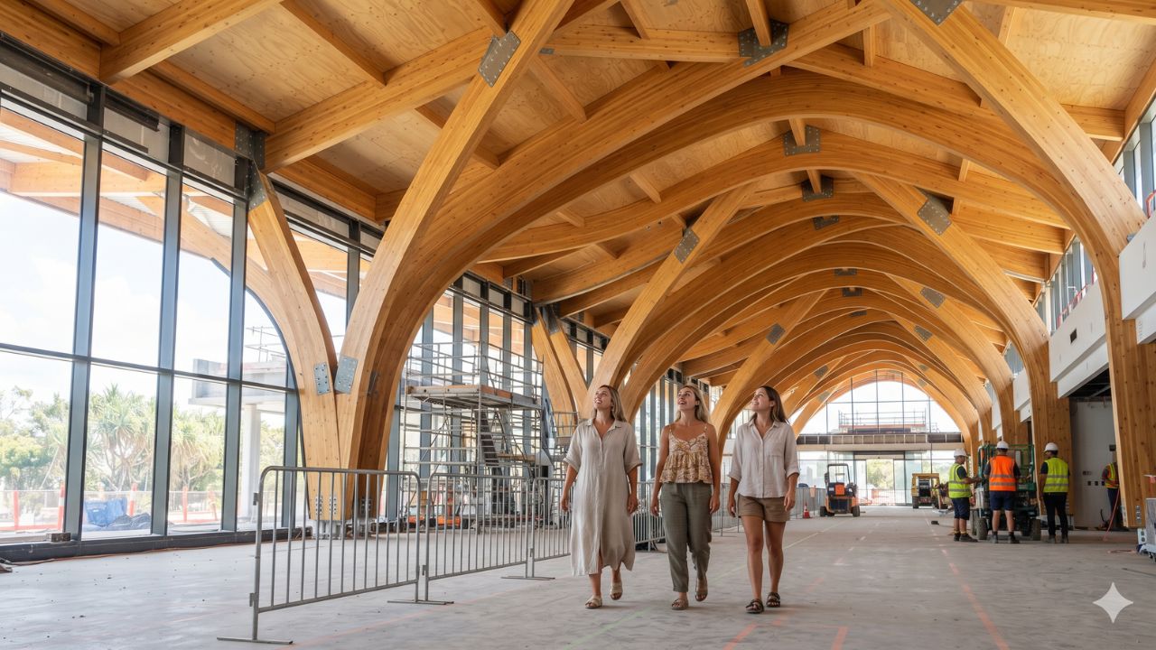 Architectural glulam timber roof structure inside the newly constructed departures hall at Sunshine Coast Airport
