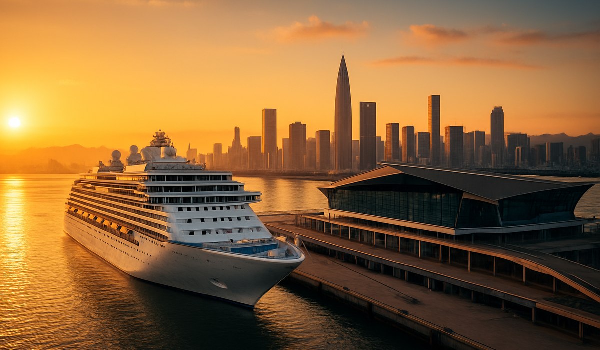 Adora Magic City cruise ship docked at Shenzhen port, 2026