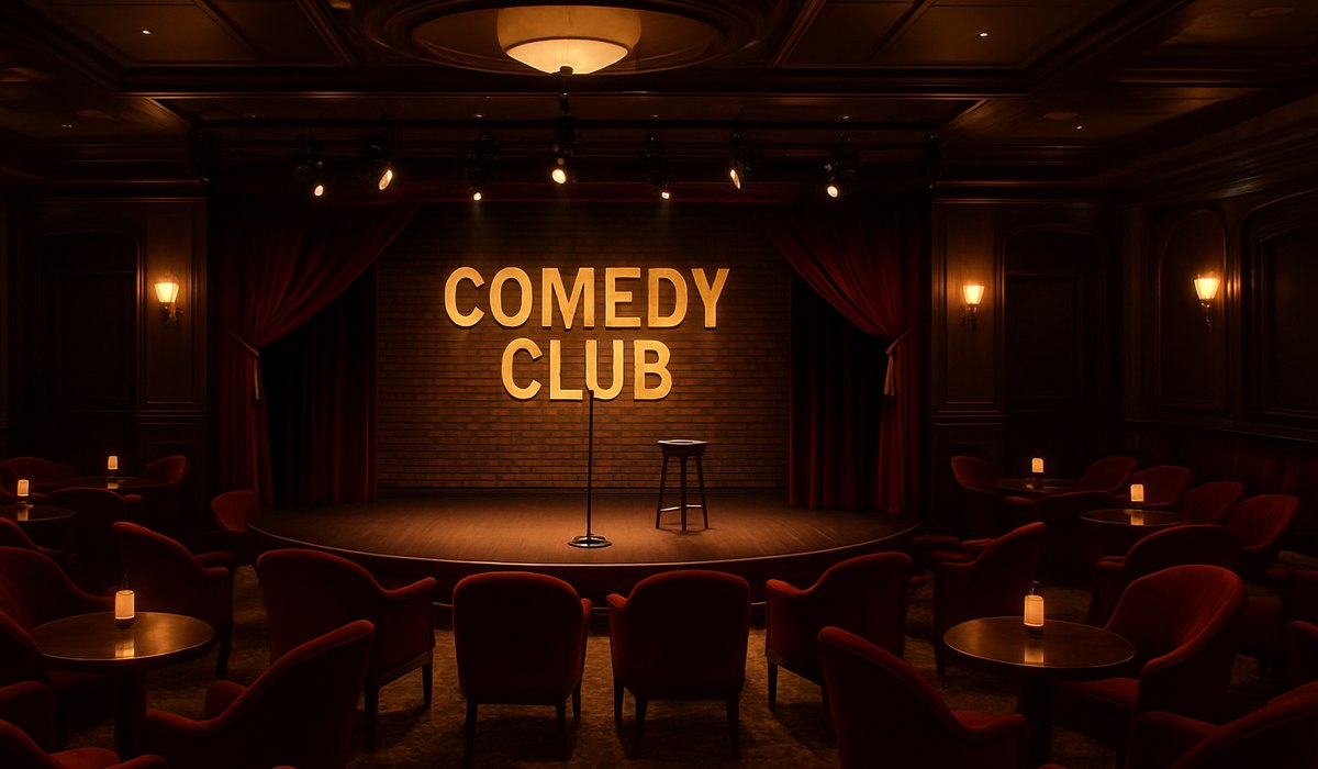 Carnival Cruise Line ship at port, Punchliner Comedy Club signage visible, 2026