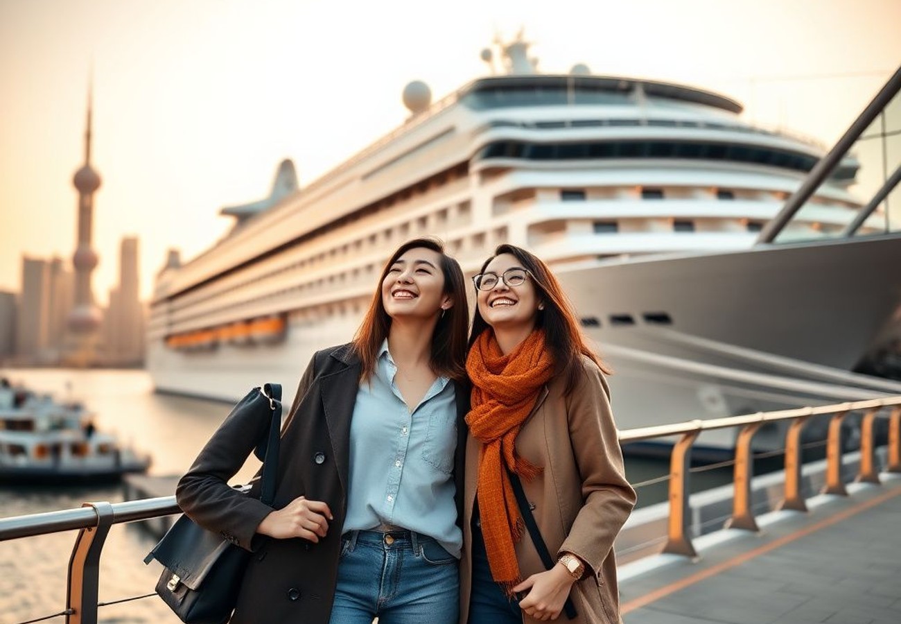 Adora Magic City nine-deck cruise ship departing Shanghai harbor for weekend sea escape