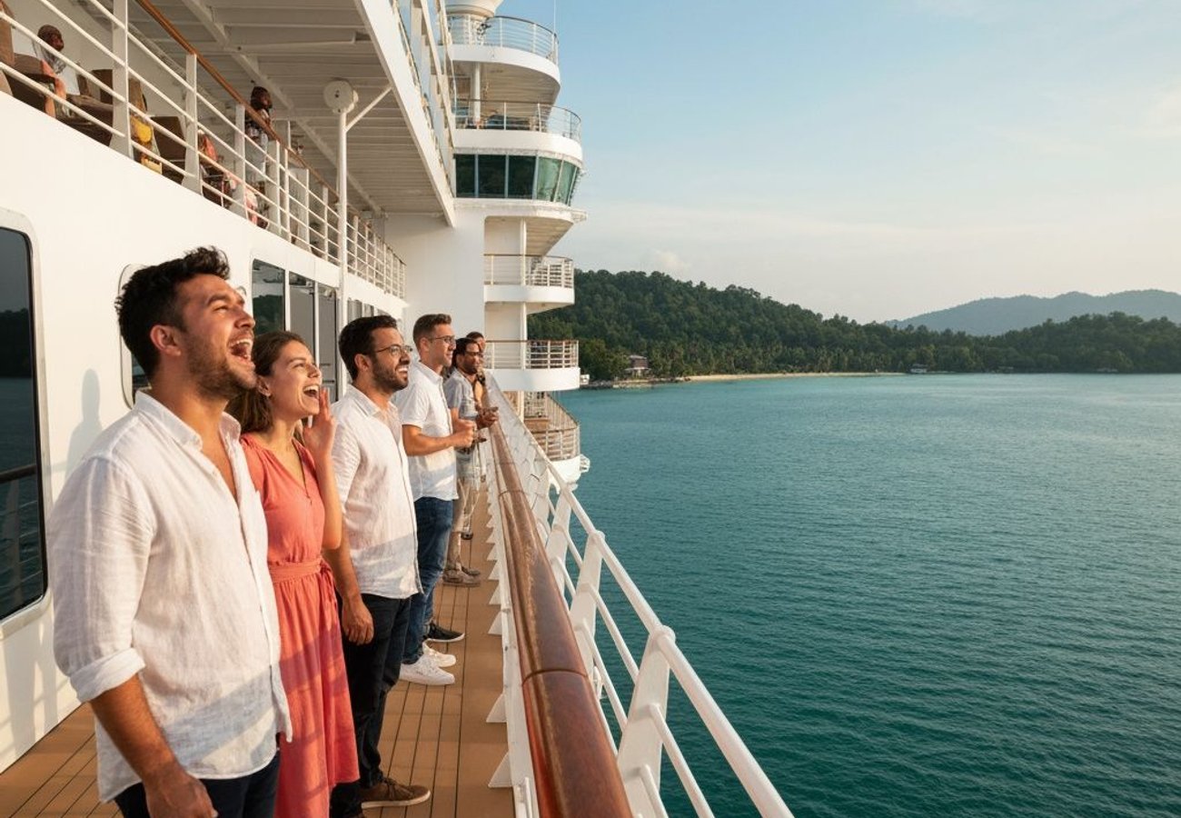 Aerial view of Brunei's modern cruise port with Islamic architecture and tropical landscapes