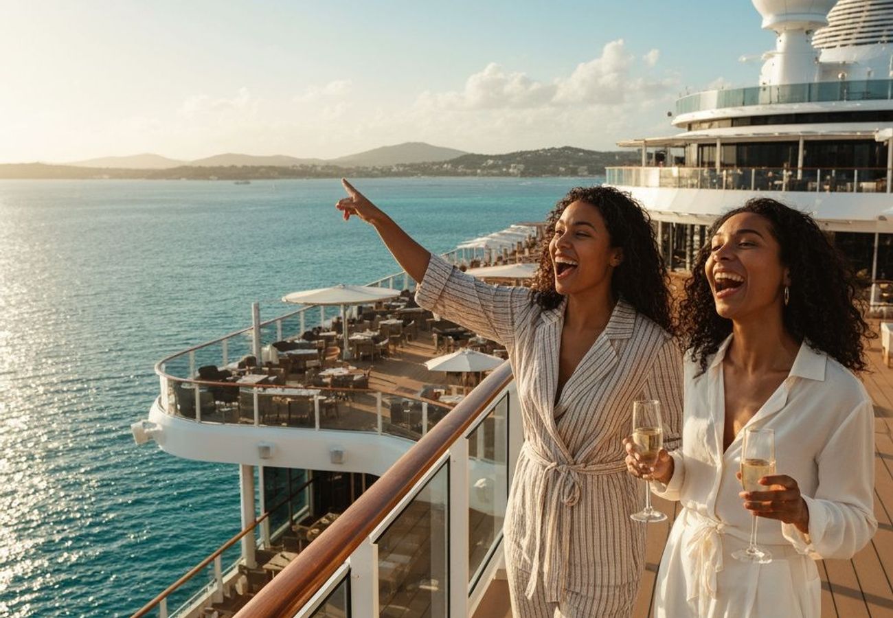 Modern cruise ship dining venue with French-inspired décor and coastal seafood plating