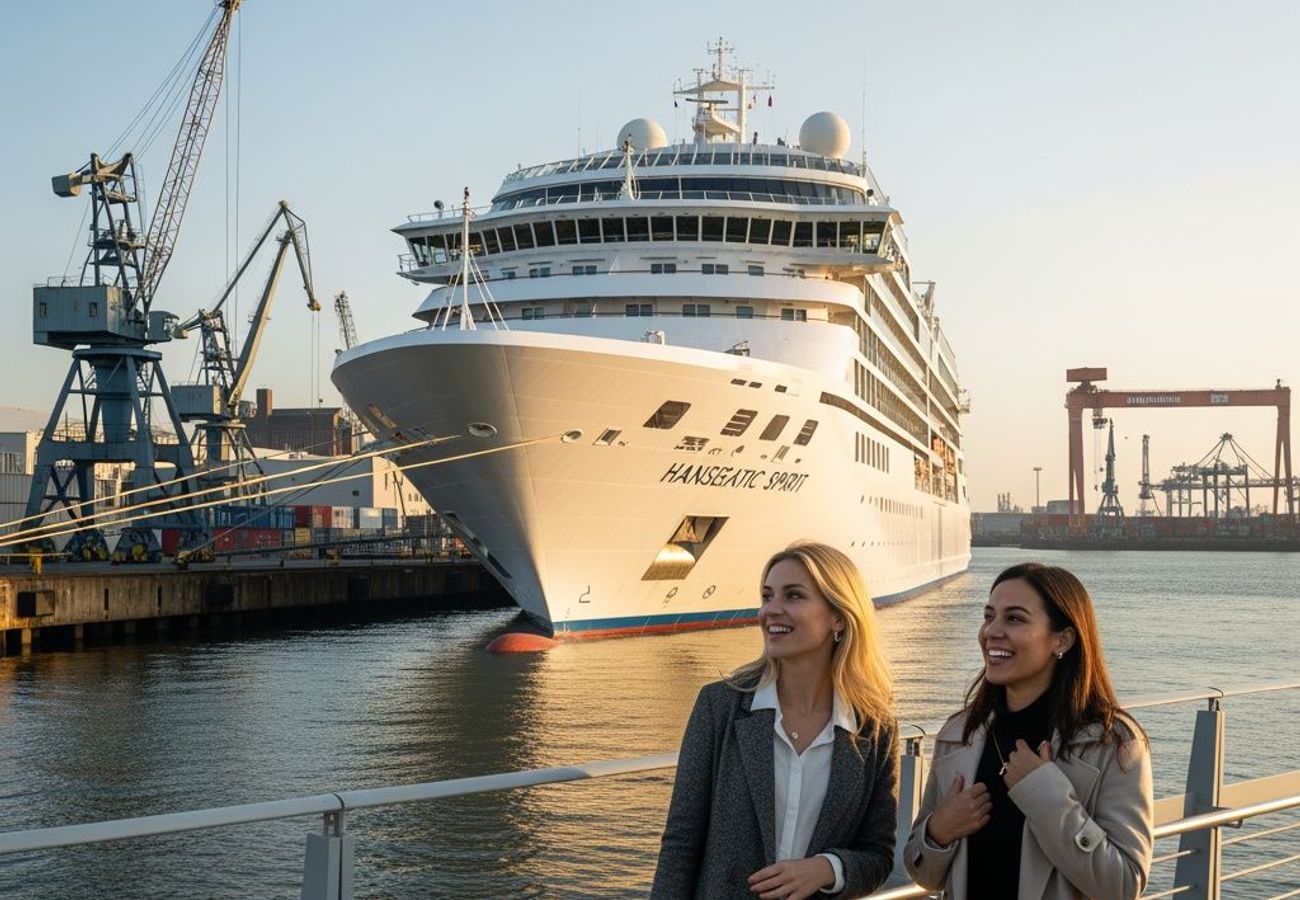 Hanseatic Spirit cruise ship docked in Bremerhaven during scheduled maintenance and upgrades