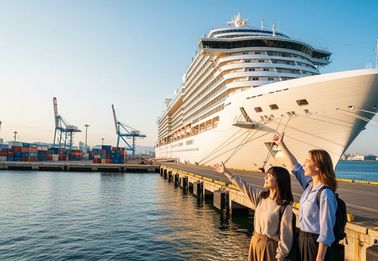 Mitsui Ocean Fuji cruise ship departing Yokohama for South Pacific voyage